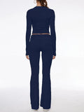 Long Sleeve Cropped Top Fold-over Flare Pants Set-Outfit