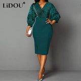 Autumn Oversized Elegant Fashion Shiny Patchwork Pencil Dress Ladies High Waist Evening Party Robe Slim Dresses
