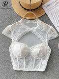 American Sexy Sheer Lace Blouse Women Short Sleeves Hotsweet Chiffon Shirt Fashion Hollow Out Chest Slim Summer