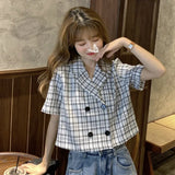 Shirts Women Plaid Crop Top Vintage Korean Style Sweet Notched Ins Fashion Slender Leisure Chic All-match Summer