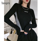 Gothic Patchwork T Shirt For Women Streetwear Long Sleeve Crop Top Y2k Slim Hip Hop Tee Shirt Femme Korean Autumn