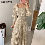 Elegant Square Collar Women Pleated Dress Long Sleeve Slim Belted Sashes Female Printed Dress Vestidos
