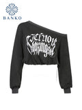 Letter Print T-shirt Fairy 2022 New Spring Fashion Slash Neck Long Sleeved Girl Tees Loose Streetwear Harajuku Crop