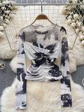 Europe Long sleeved Mesh Sheer T-shirt Fashion Skinny Temperament Office Lady Blouse O Neck Pleated Tie Dye Print