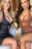 Y2K Faux PU Mini Dress for Women Sexy Hollow Out V-Neck Halter Bodycon Dress High Streetwear Summer Party Clubwear
