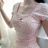 Aesthetic Lace Stitching Square Collar Short Sleeve TeeOutfit