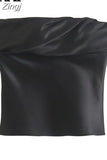 Black Crop Top Women Satin Corset Top Female Off Shoulder Sexy Tops For Women 2023 Pleated Sleeveless Backless Bustier