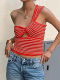 Knitted Stripe One Shoulder Tank Top- Outfit