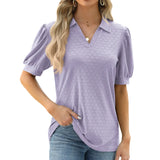 Zingj / Summer 2024 New Lapel Solid Color Bubble Sleeve Short Sleeve Loose T-Shirt Women-Outfit