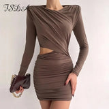 2021 Hollow Out Bodycon Dress Mini Women Brown Autumn Winter Sexy O Neck Long Sleeve Elegant Party Dresses Black