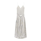 2023 Silver Long Dress Women Sexy Slip Backless Dress Woman Shiny Sleeveless Summer Party Dresses Night Evening