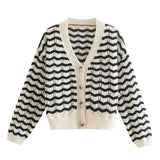 V-Neck Button-Up Stripe Winter Cardigan Women Casual Knitted Cardigans Sweater Vintage Long Sleeve Top Female