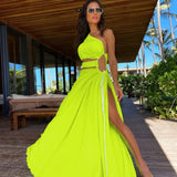 Fashion One Shoulder Green Long Dress Women Hollow Out Bodycon Summer Beach Dresses Side Split Wedding Party Vestidos