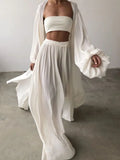 Solid Color Three-Piece Set 2022 Autumn Women Tube Top Beach Dress Crop Top Trousers Long Sleeve Cardigan 3 Piece Set