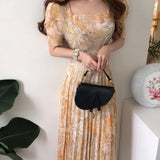 Summer Dress 2021 New Fashion Dress Elegant Square Collar Floral Chiffon Dress Women'S Dress Pleated Long