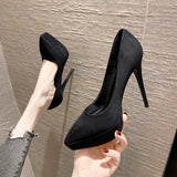 Red Bottom Black High Heels Female Fine Heel Sexy Temperament Waterproof Table Ultra-High Single Shoe Thick Sole 12Cm