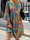 Elegant Lady 3/4 Sleeve Loose A-Line Dress Vintage Printed Waist Beach Dress Vestidos Women Retro O-Neck Mini Boho