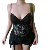 Dark Black Style Sexy Lace Splicing V-Neck Sling Sling Retro Print Personality Hottie Inside And Outside Wearing A