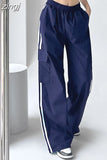 Streetwear Striped Cargo Pants Women High Waist Pockets Americam Casual Trousers Harajuku Loose Chic Patchwork