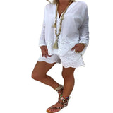 White Two Piece Set Women Casual Shorts Sets Long Sleeve Elegant Drawstring Shorts V-Neck Plus Size Shorts Mujer