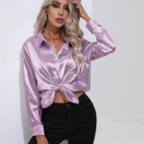 Satin Shirt Satin Imitation Silk Long-Sleeved Pure Color Elegant Button Front Lapel