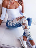 Size 3XL Lace Floral Crochet Hollow-Out Jeans Autumn Women Elegant Sexy Denim Pencil Skinny