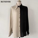 Spring Chic Women Single-breasted Patchwork Shirts Tops Elegant Turn-down Collar Long Sleeve Loose Female Blouses