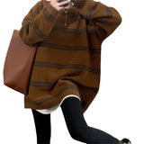 Zingj Color Stripe Retro Matching Color Sweater Women's New Lazy Wind Sweater Loose And Versatile Medium Long Pullover Sweater-Outfit