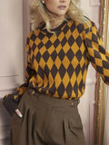 Brown N Yellow Diamond Printed Sweater- Outfit