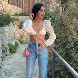 White Sexy Puff Sleeve Hollow Out Blouse Croset Top Embroidery Casual Fashion Summer Streetwear Cropped
