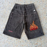 Pocket Embroidered Letter Print Jeans Men's Shorts Summer Vintage Super Wide-Legged Jeans 211-0-Outfit