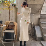 Autumn Women's Dress Korean Retro Solid Color High-neck Knitted Long-sleeved Dress New Female Waist Slim