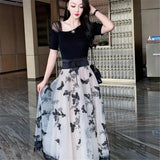 Butterfly Embroidery Wide Lace Up Waist Slimming Tulle Skirt Women High Waist Lace Splicing Mesh Pleated Skirt Korean