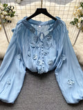 Senior Embroider Loose Blouse Lace Up Bow V Neck Single Breasted Cardigan Long Puff Sleeves Women Gentle Solid