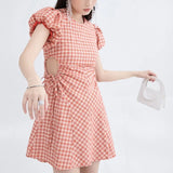 Red Plaid Dress Round Neck Hollow Out Dew Waist Puff Short Sleeve Casual Vintage High Waist Short Skirt Ladies