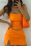 sale !!!Orange Top And Skirt Set Sexy Corset Top Cropped And Leather Dress Strapless Top Birthday Dress For Women