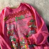 Rose Red Cartoon Letter Print Sweatshirt Vintage Streetwear Fashion Tops 2021 New O-neck Casual Teens Clothes Goth