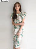 Women Sexy Puff Sleeve Bodycon Dress Office Lady Elegant Slim Waist Female Floral Print