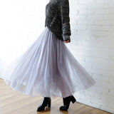 2022 Autumn Winter Vintage Tulle Skirt Women Elastic High Waist Mesh Skirts Long Pleated Tutu Skirt Female Jupe