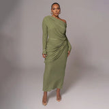Draped Off-Shoulder Long Sleeve Top And Maxi Skirt Set- Outfit