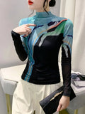 S-4XL Half Turtleneck Long Sleeve Mesh Positioning Printing T-shirt Women's Fashion Slim Fit Bottoming T Shirts Trend