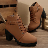 High-Heeled Side Zipper Martin Boots Women's Singles Belt Buckle And Short Boots Round Head Tie And Bare