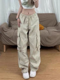 Streetwear Hip Hop Women Cargo Pants American Retro Pockets Loose Bf Wide Leg Pants Chic Casual Lady Y2K Zipper