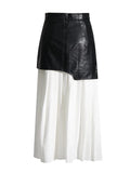 Korean Version Style 2025 Summer New Mid-Waist Pu Leather Stitching Pleated Contrast Color Women's Zipper Door Skirt Skirt