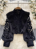 French Style Casual Embroidery Blouse Women Long Sleeves Pearl Shirt Fashion Ruffles Cotton Hollow Out Loose