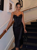 Elegant Midi Spaghetti strap Corset Dress Satin Black Bodycon Birthday Party Dresses Sexy Casual Women Summer