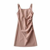 Zingj New Pleated Vest Dress Summer Women's Solid Color Square Collar Sleeveless Hip