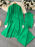 Winter Casual Knitted Three Pieces Suits Women Long Sleeve Cardigans+Turtleneck Knit Tank Top+Warm Long Pant