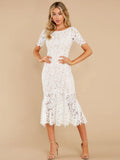 New Sexy Lace Short Sleeve Dress Elegant Slim Open Back Long Dress Women's Party High Waist Midi Dress White Dress