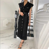 Elegant Notched Collar Dress Women Summer Casual Safari Style Single Breasted Belt Slim Waist Pocket Dresses